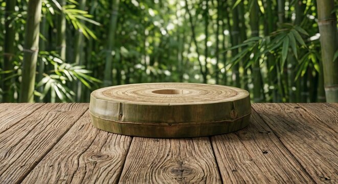 Round wooden podium or coaster on bamboo forest background, natural product display, eco-friendly presentation concept, 3D render, AI generated