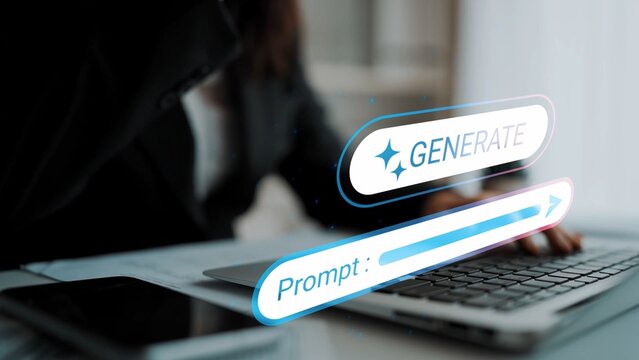 Business professional engaged in creative technology with digital interface displaying generate prompt on modern laptop in office setting. Gluon.