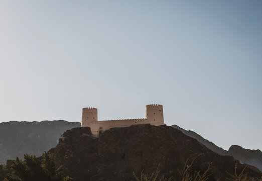 Samail Castle, an ancient fortress stands on hilltop in Samail, Oman