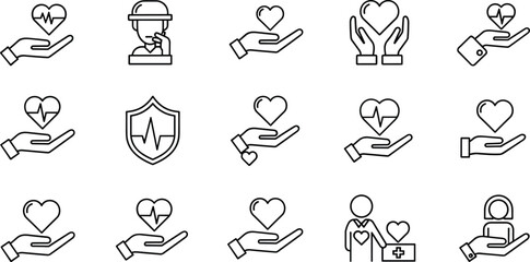 Obraz premium Medical Healthcare Icon Set Featuring Hands Holding Hearts with Heartbeat Pulse Lines, Insurance Protection Shields, and Doctor Symbols for Hospital and Wellness Designs