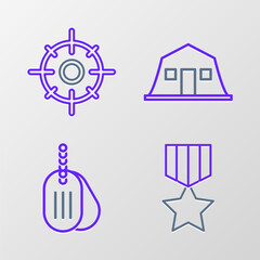 Naklejka premium Set line Military reward medal, dog tag, barracks and Target sport icon. Vector