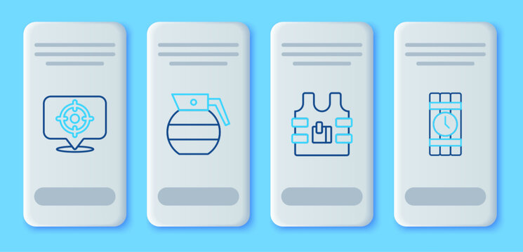 Set line Hand grenade, Bulletproof vest, Target sport and Dynamite timer clock icon. Vector