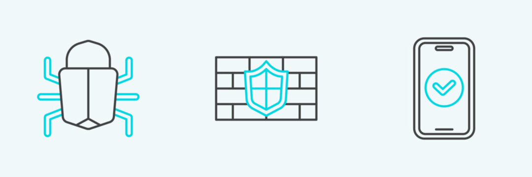 Set line Smartphone, System bug and Shield with brick wall icon. Vector