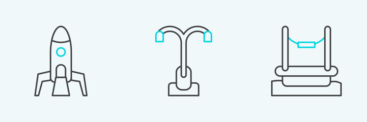 Fototapeta premium Set line Bungee, Rocket ship and Street light icon. Vector