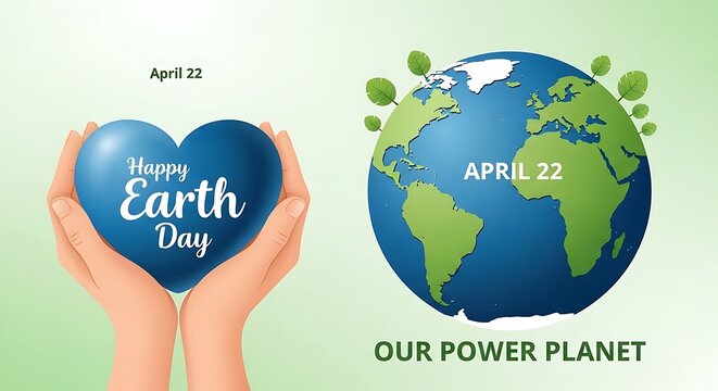 Earth day illustration with hands holding heart and globe on green gradient background celebrating our power planet on april 22