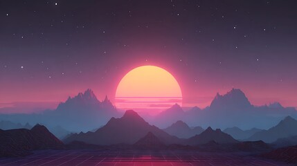 Fototapeta premium Minimalist synthwave landscape with a large yellow sun rising behind dark blue mountain