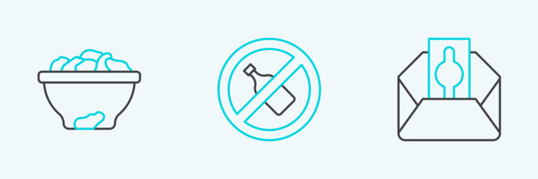 Set line Donate or pay your zakat, Date fruit in bowl and No alcohol icon. Vector