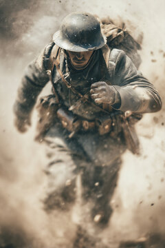 European Soldier war charging forward through dust storm battlefield carrying equipment and weapon demonstrating urgency and survival instinct