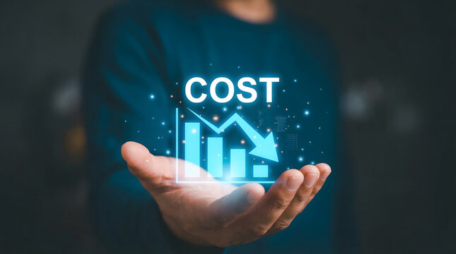 Human hand holds glowing blue cost reduction chart with downward arrow showing decrease