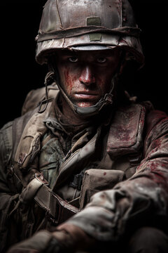 European Soldier war portrait with blood stained face staring forward showing determination and psychological impact of prolonged warfare