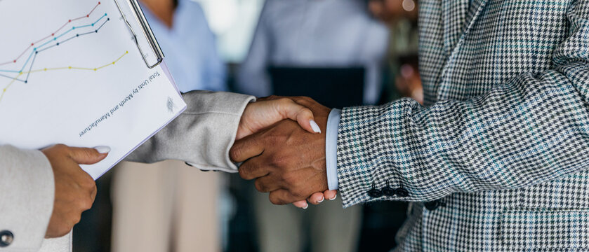 Business colleagues finalize deal with firm handshakes and smiles