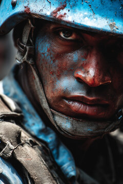 European Soldier war extreme closeup portrait with blood and dirt on face highlighting brutality and intensity of modern combat