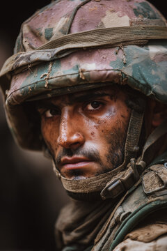 Iranian Soldier intense close up portrait with muddy helmet and determined eyes in harsh battlefield conditions