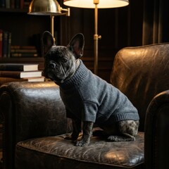 A brindle French Bulldog in a grey sweater sits on a leather chair in a cozy library.