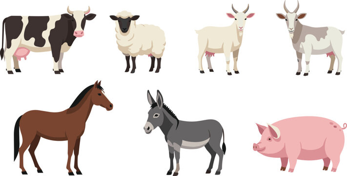 Farm Animal Vector Set Featuring Cow, Sheep, Goat, Horse, Donkey and Pig Isolated on White Background for Agriculture and Livestock Design Projects