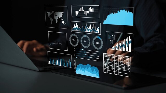 Futuristic Data Visualization with Graphs and Metrics Displayed on Laptop Screen in Dark Environment, Analyzing Business Insights and Trends Gluon.