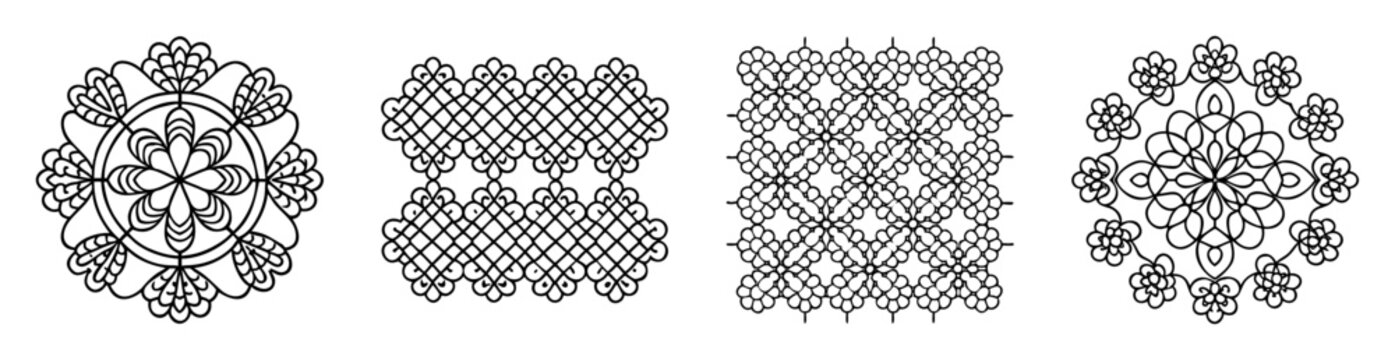 Collection of four intricate black and white floral pattern design illustrations