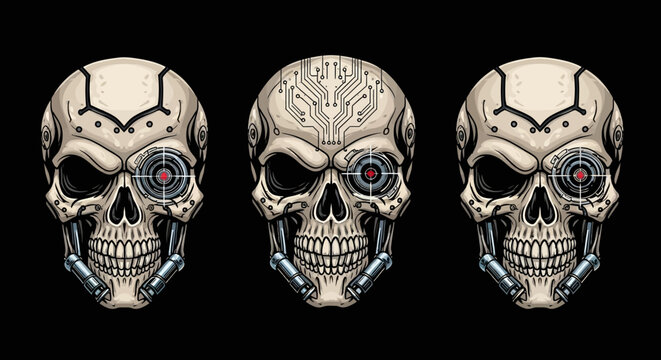 Three Futuristic Android Skulls With Mechanical Implants Displayed Against A Dark Background Representing Technology And The Future