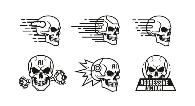 Collection of Skull Icons Representing Speed Danger and Technology Concepts for Digital Design Projects