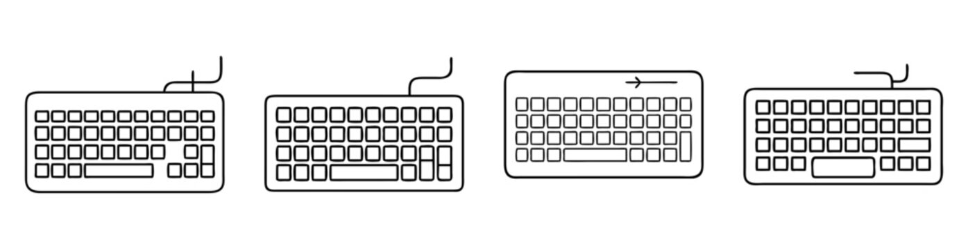 Four black and white keyboard diagrams showcase different layouts and connection types