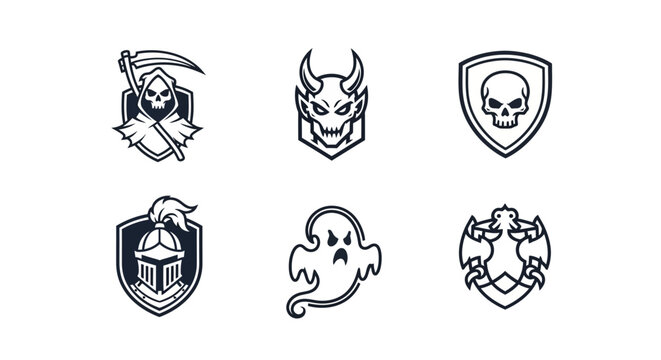 Collection of six stylized dark crests featuring gothic monsters and mythical creatures for game design or spooky branding elements