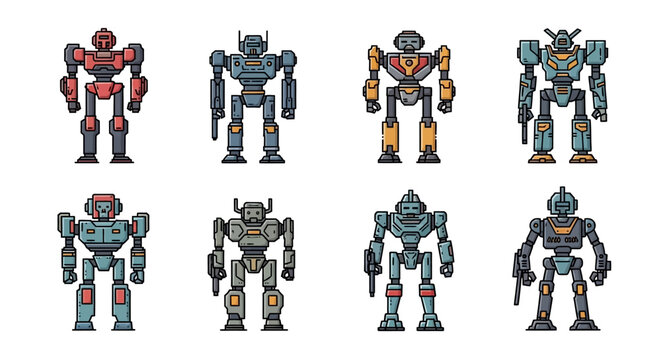 Collection of Eight Futuristic Robotic Characters with Detailed Mechanical Designs and Varied Color Schemes on White Background