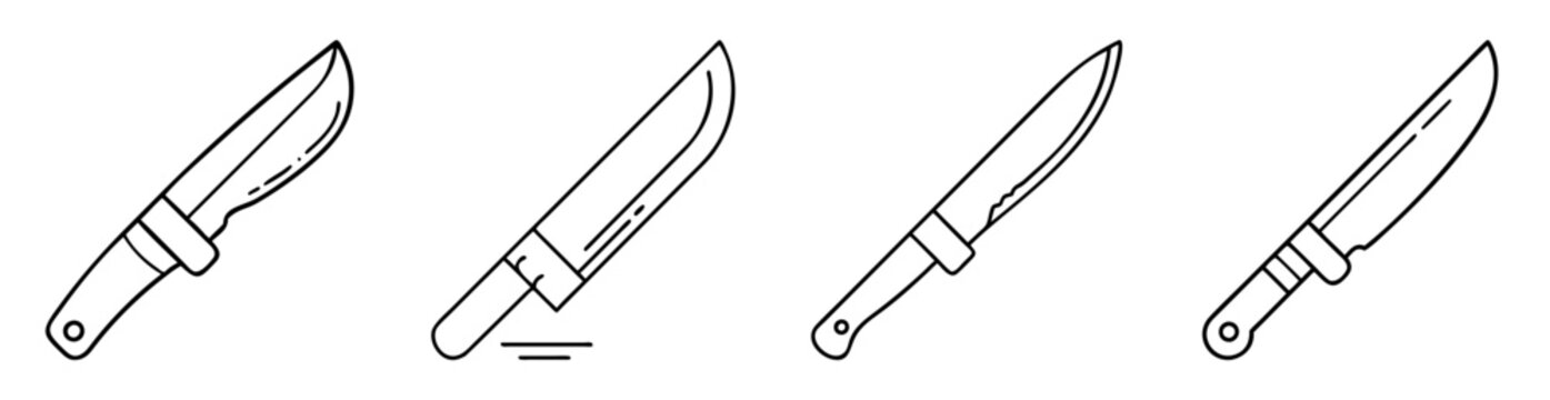 Outlined illustration of a collection of various types of knives and blades