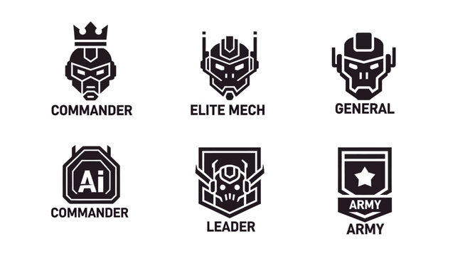A striking collection of futuristic mechanical commander portraits, featuring varied helmet designs in a clean, high-contrast, black-and-white vector format, showcasing military-themed leade