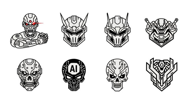 A striking and elaborate collection of stylized robot head designs and a cyborg bust in various poses, artistic vector line art, monochrome, representing artificial intelligence and futurist