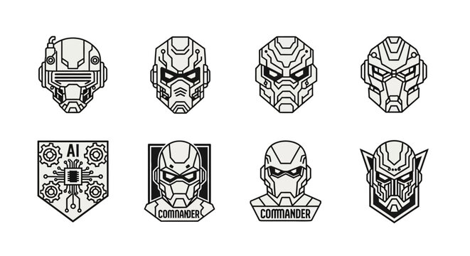 A collection of stylized, monochrome vector graphic portraits and badges of futuristic, science-fiction soldiers and commanders, showcasing detailed helmet designs and a computer chip emblem