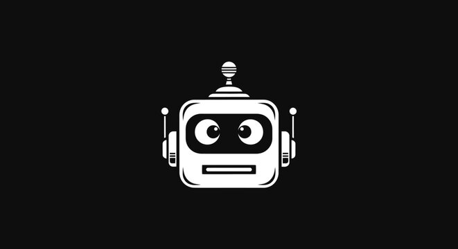 Minimalist graphic of a cute, friendly robot head in a flat-design style, outlined in white against a solid black background, showcasing modern technology and artificial intelligence in a si