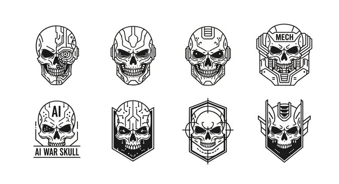 A collection of stylized black and white graphic skull designs with cybernetic elements and mechanical accents, perfect for war-themed concepts, representing modern technology and dystopian 