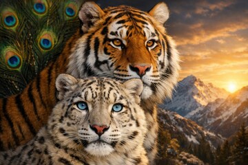 Obraz premium Majestic tiger and snow leopard portrait, exotic big cats with peacock feathers, wild feline predators in mountain sunset landscape