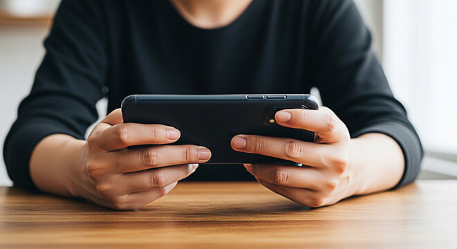 Person intently holding a smartphone horizontally while playing a mobile game