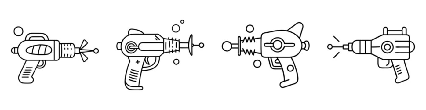 Line art illustration of four retro ray guns with scifi designs
