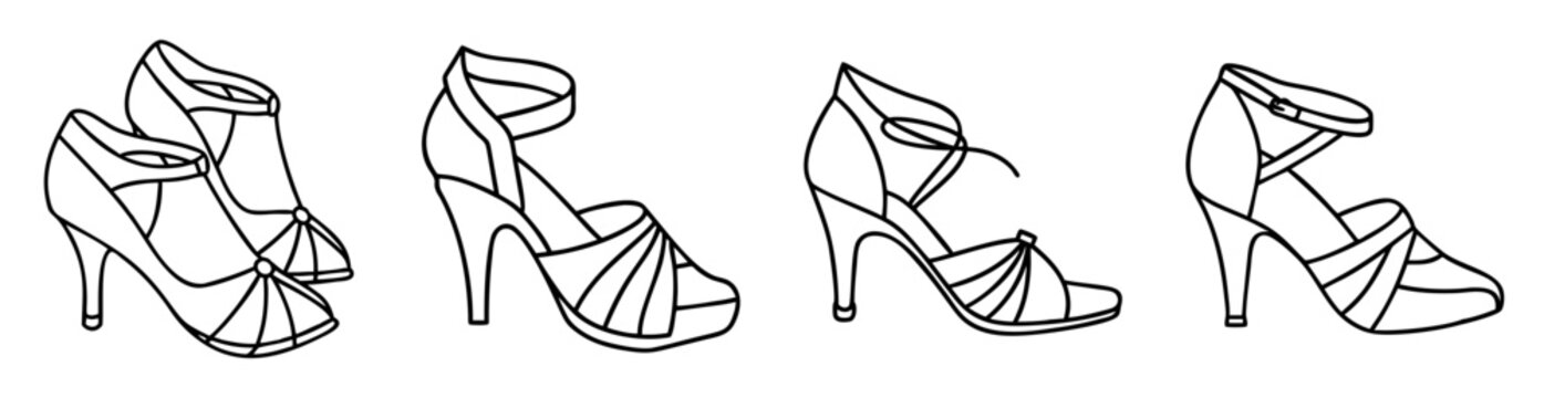 Four pairs of high heel shoes, fashion illustration, black and white drawing