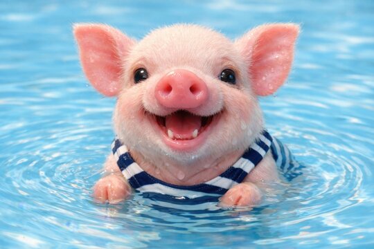 Adorable micro pig swimming in blue water, cute pink piglet wearing striped swimsuit, happy farm animal enjoying summer pool vacation