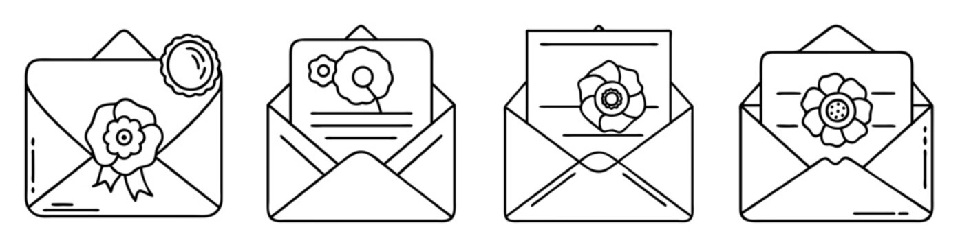 Set of envelopes with flower designs and a sealing wax stamp illustration