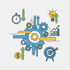 Fototapeta premium Business growth, efficiency, and strategy concept with gears, arrows, and icons