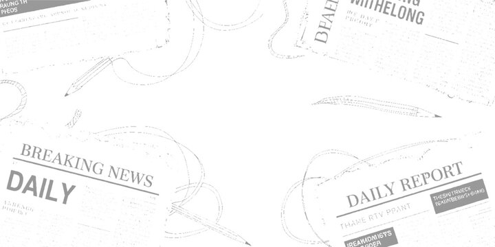 Sketchy newspaper headlines and pencils on white background with abstract lines breaking daily report