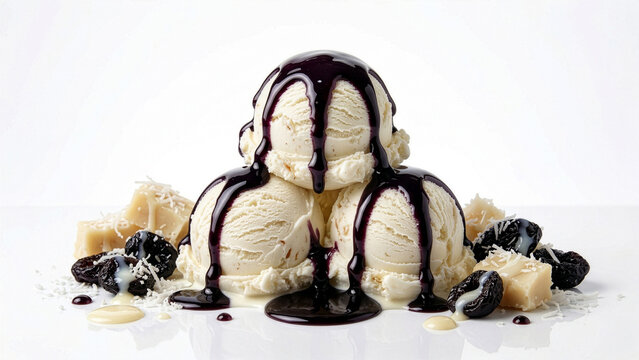 Sorvete de manjar branco branco, Three Scoops of Coconut Ice Cream with Dark Blueberry Sauce Drip, Dried Plum, Shredded Coconut and Coconut Candy on White Background Brazilian