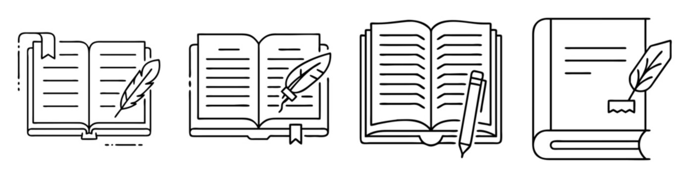 Four simplistic line art drawings of open and closed books with writing tools