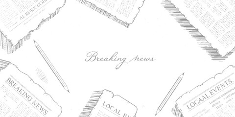 Obraz premium Sketchy grey pencils and torn newspapers with breaking news and local events headlines on white background