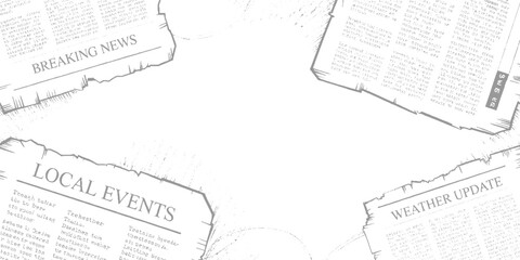 Obraz premium Four newspaper sections with headlines breaking news local events and weather update in grey ink on white paper