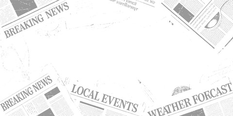 Fototapeta premium Scattered grey newspaper pages with headlines breaking news local events weather forecast