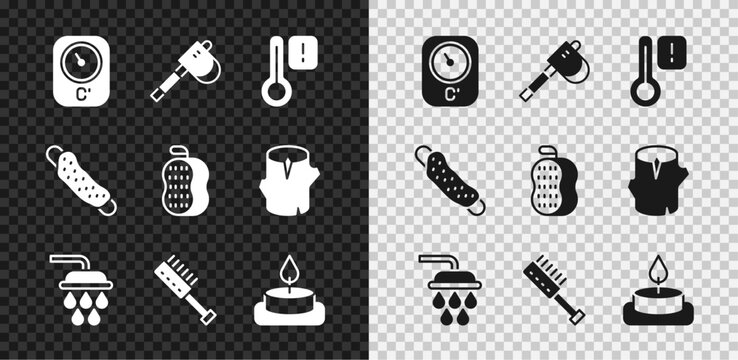 Set Sauna thermometer, Wooden axe, Shower, brush, Aroma candle, Washcloth and icon. Vector