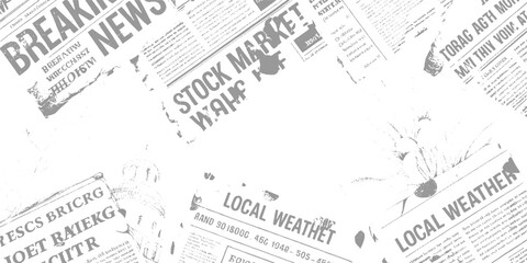 Obraz premium Overlapping grey newspaper clippings with headlines breaking news stock market local weather and text