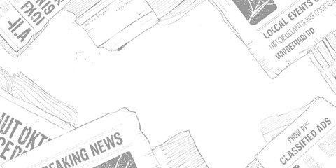 Obraz premium Scattered grey newspaper pages with headlines and text arranged around a white background print media