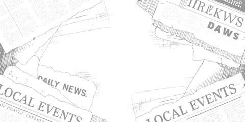 Obraz premium Torn newspaper pages with headlines l o c a l e v e n t s and d a i l y n e w s in grey