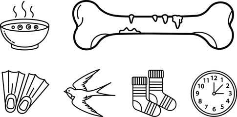Miscellaneous line icon set featuring a bone bowl of soup flippers swallow bird socks and wall clock isolated on white background for various design projects. © MdMeherul